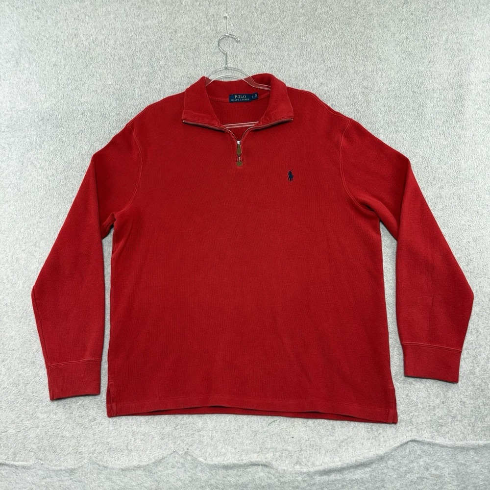 Polo Ralph Lauren Mens Large Red Quarter Zip Pullover Cotton Ribbed Sweater L